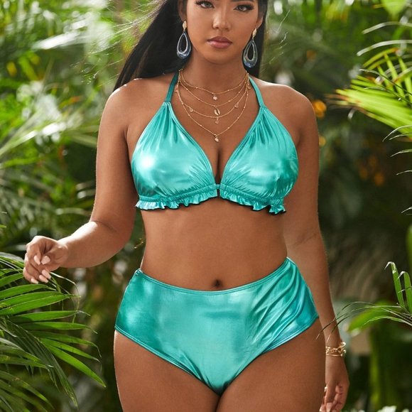 Other - NEW Metallic Aqua / Teal Lettuce Trim Halter bikini swimsuit 1XL 14 16